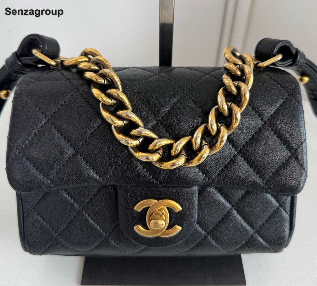 Chanel Diamond Mini Chain Top Handle Crossbody Black Gold Women Classic Fashion