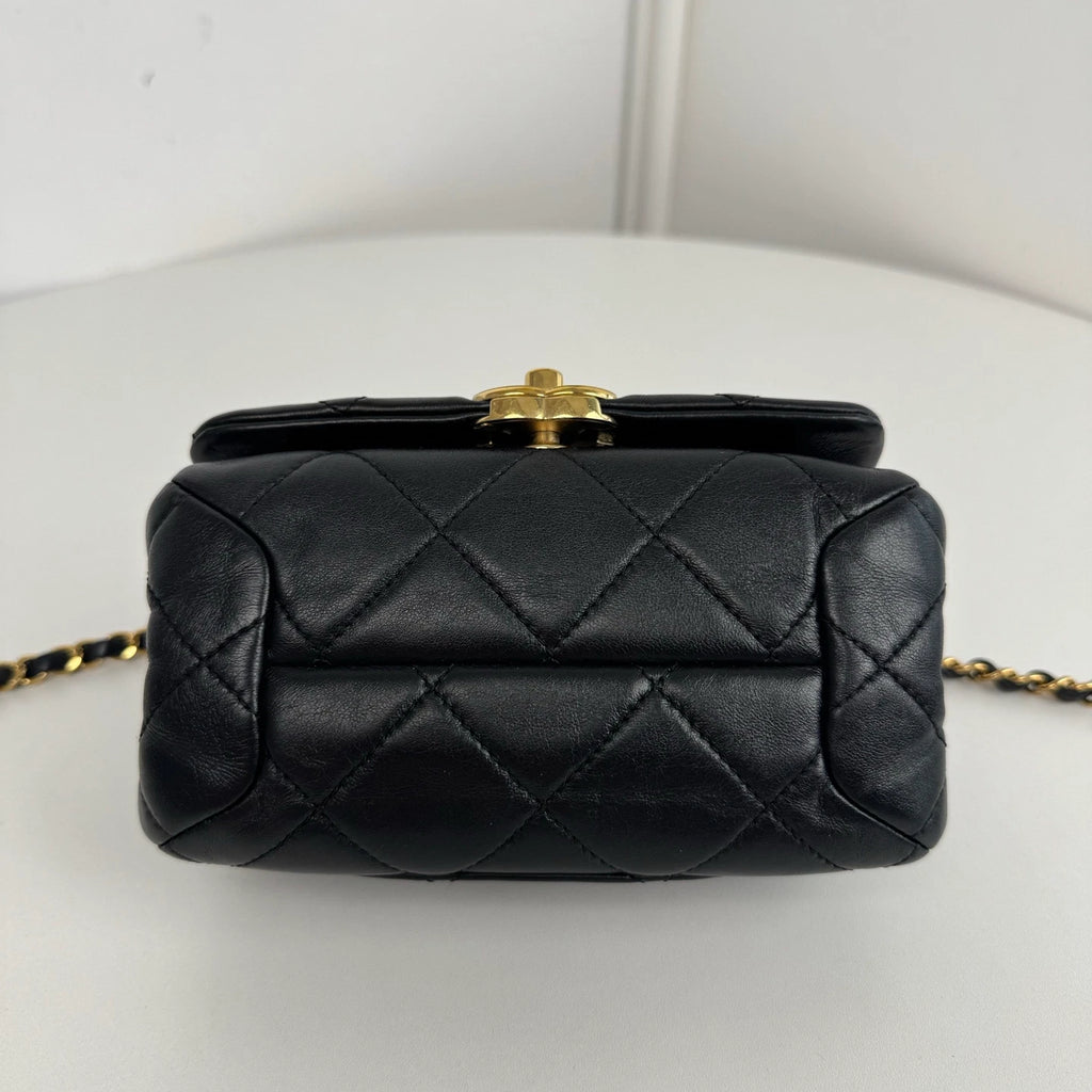 Chanel Diamond Mini Chain Shoulder Bag Crossbody Black Gold Women Classic