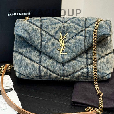 Saint Laurent Matelassé Mini Chain Crossbody Bag Blue Gold Women's Fashion