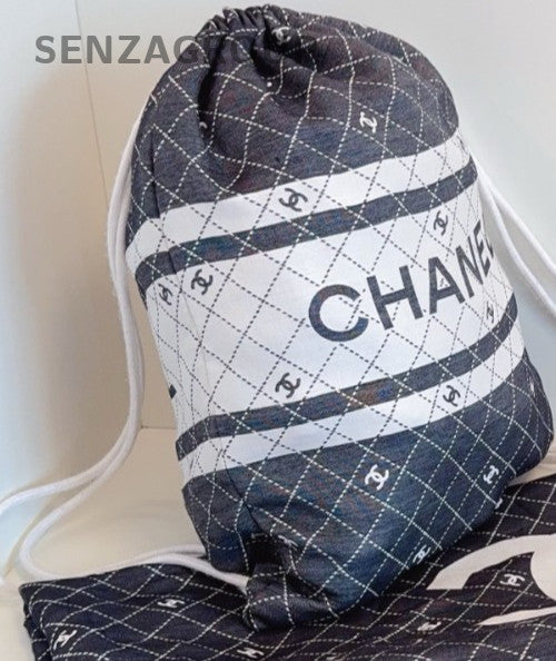 Chanel 24P Canvas Drawstring Closure Shoulder Bag Backpack Black Women Classic