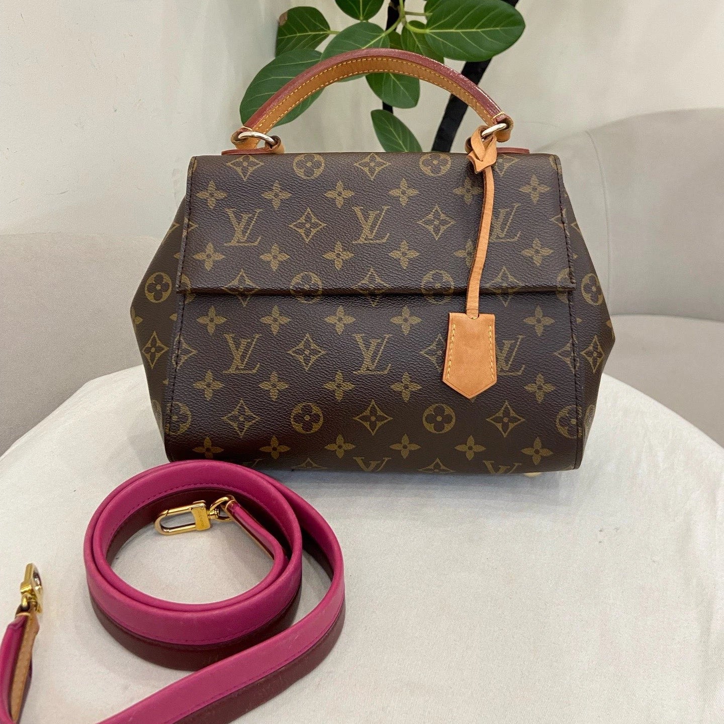 Louis Vuitton Cluny BB Monogram Top Handle Bag Crossbody Brown Gold Women