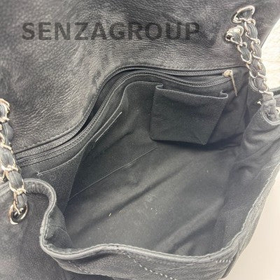 Chanel Black Silver Suede Large CF Chain Shoulder Bag for Women