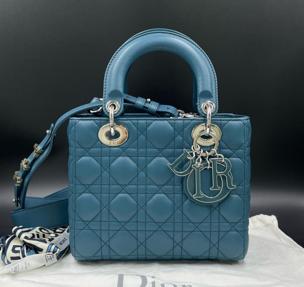 Christian Dior Lady Dior Cannage Top Handle Crossbody Blue Silver Women Classic