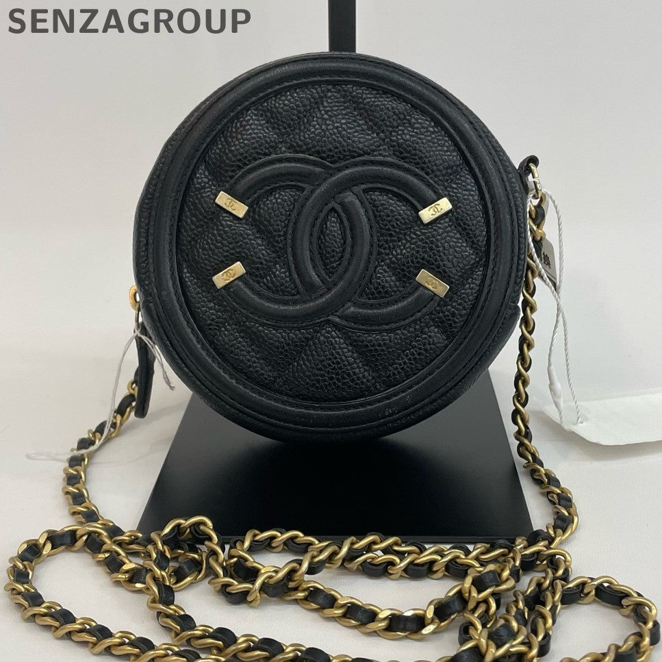 Chanel Black Caviar Leather Double C Round Bag Chain Shoulder Crossbody