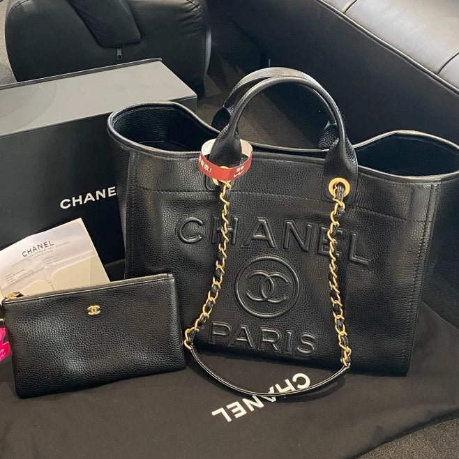 Chanel Tote GM Calfskin Top Handle Shoulder Bag Black Gold Hardware Women D