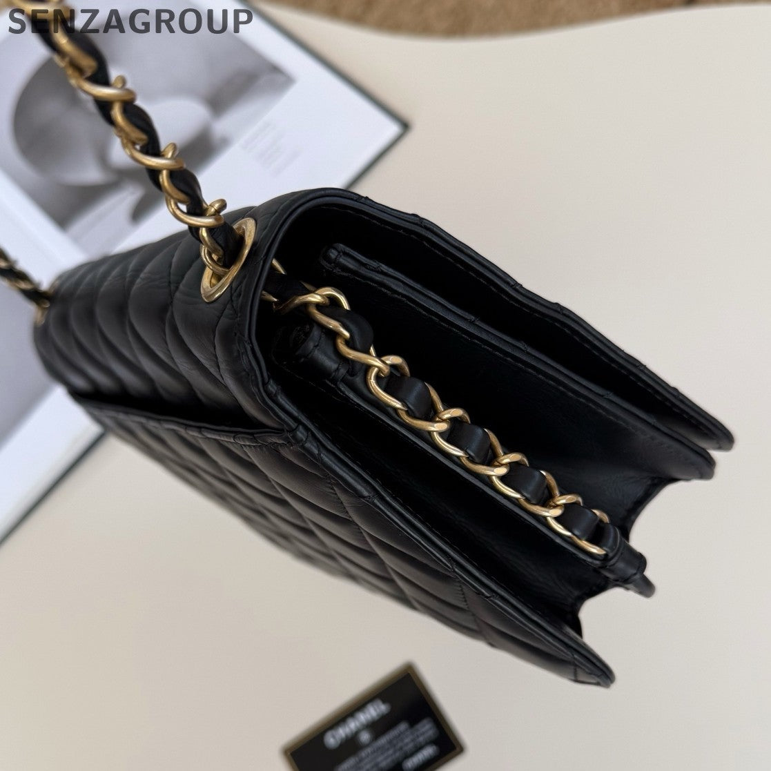 Chanel WOC Chain Shoulder Crossbody Black Gold Diamond Women Classic