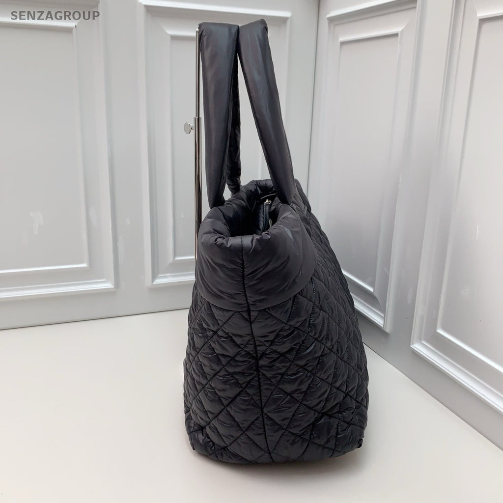 CHANEL Tote Puffer Nylon Diamond Pattern Black  Silver Women Handbag