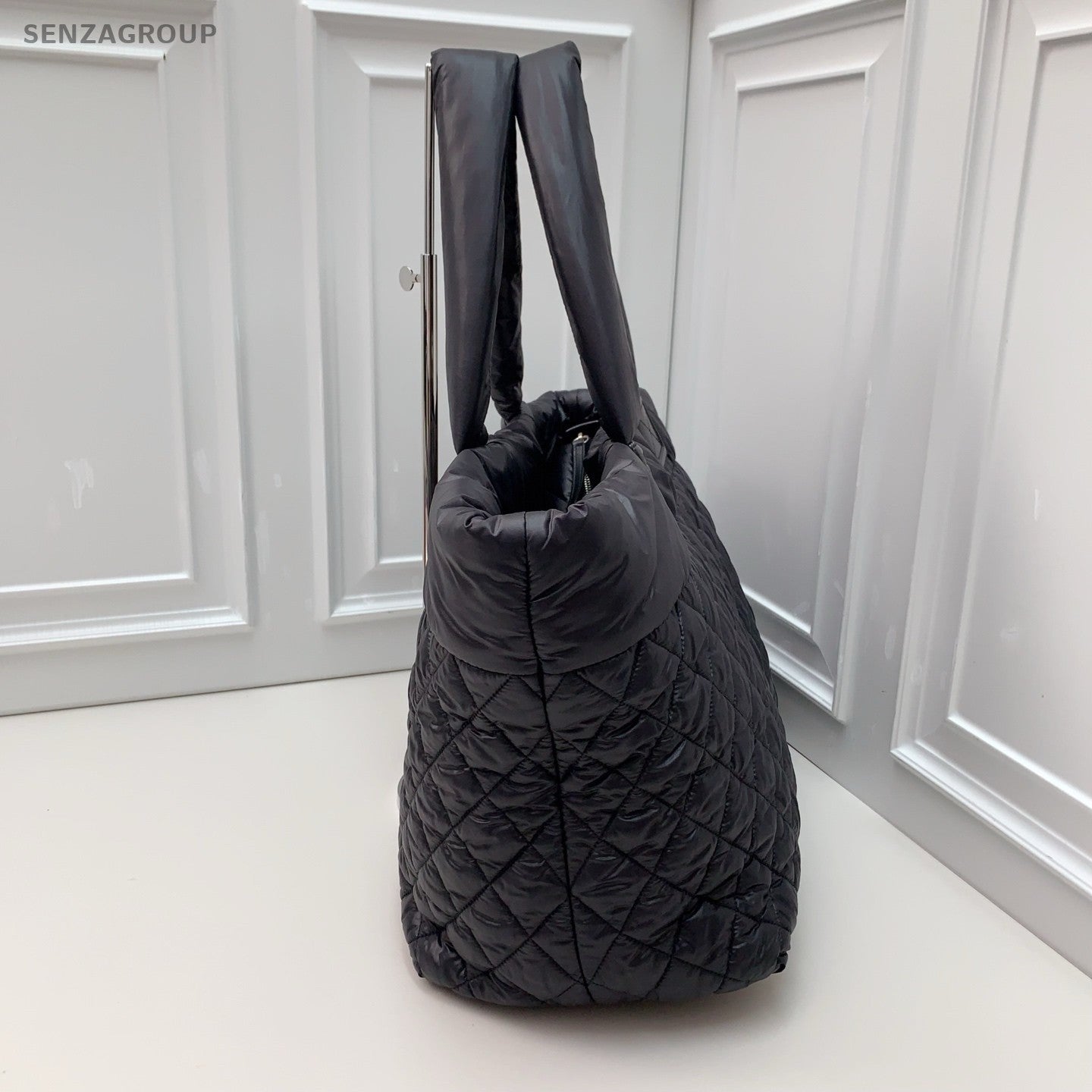 CHANEL Tote Puffer Nylon Diamond Pattern Black  Silver Women Handbag