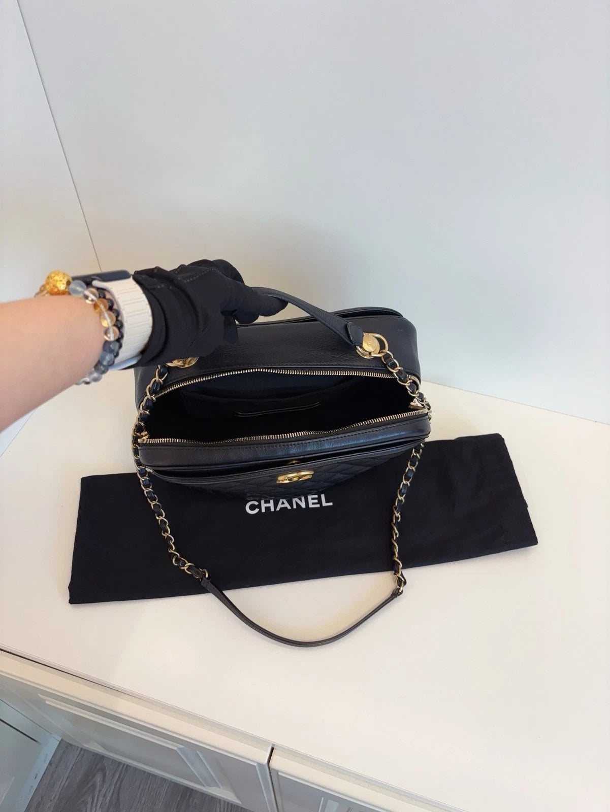 Chanel Vanity Case Top Handle Bag Women's Handbag Black Caviar Gold Chain