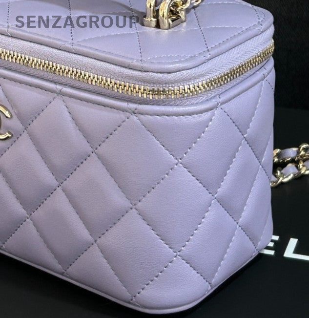 Chanel Lambskin Diamond Pattern Top Handle Bag Crossbody Purple Gold Designer