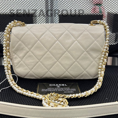 Chanel Classic Flap Mini Square Bag White Gold Chain Shoulder Crossbody