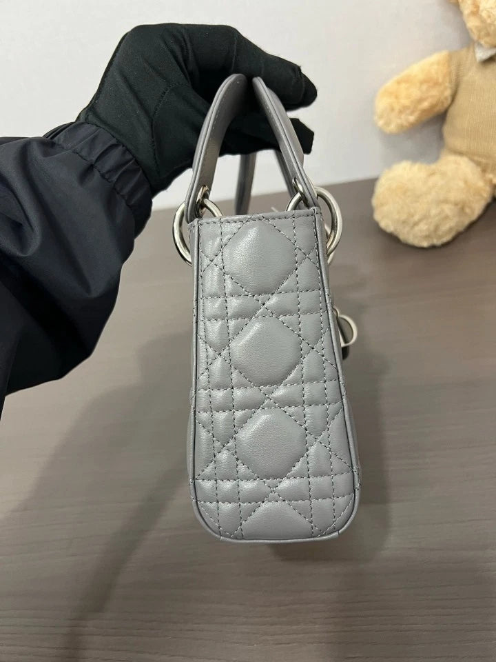 Dior Gray Leather Lady Dior Top Handle Shoulder Bag For Women