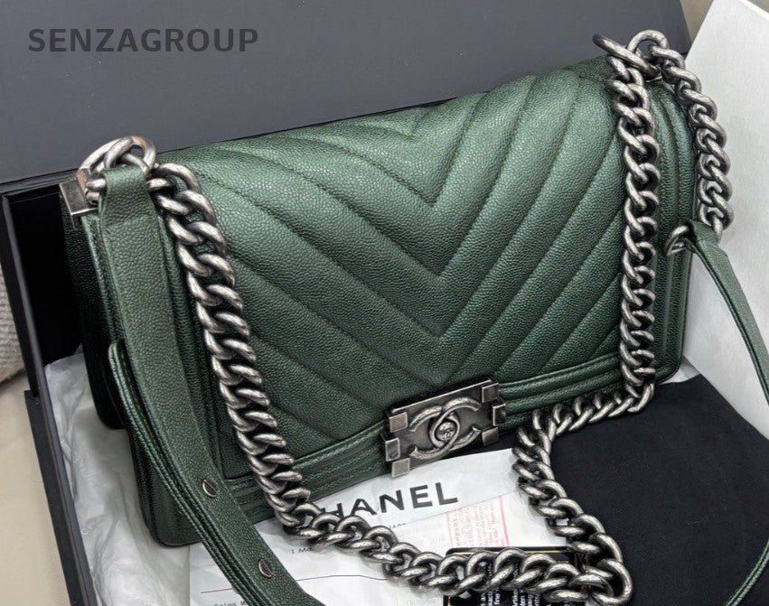 Chanel Leboy MM Calfskin Chain Shoulder Bag Green Silver Used Women Classic