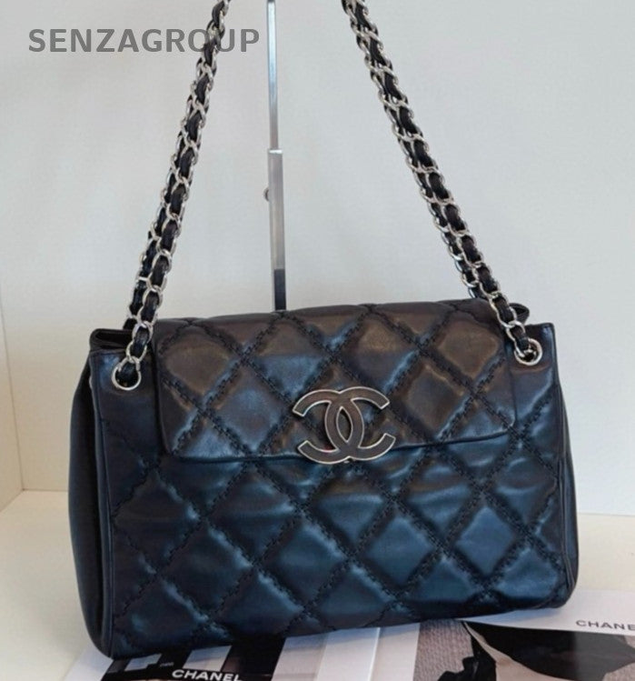 Chanel Diamond Chain Calfskin Shoulder Bag Black Silver Women Classic Fashion