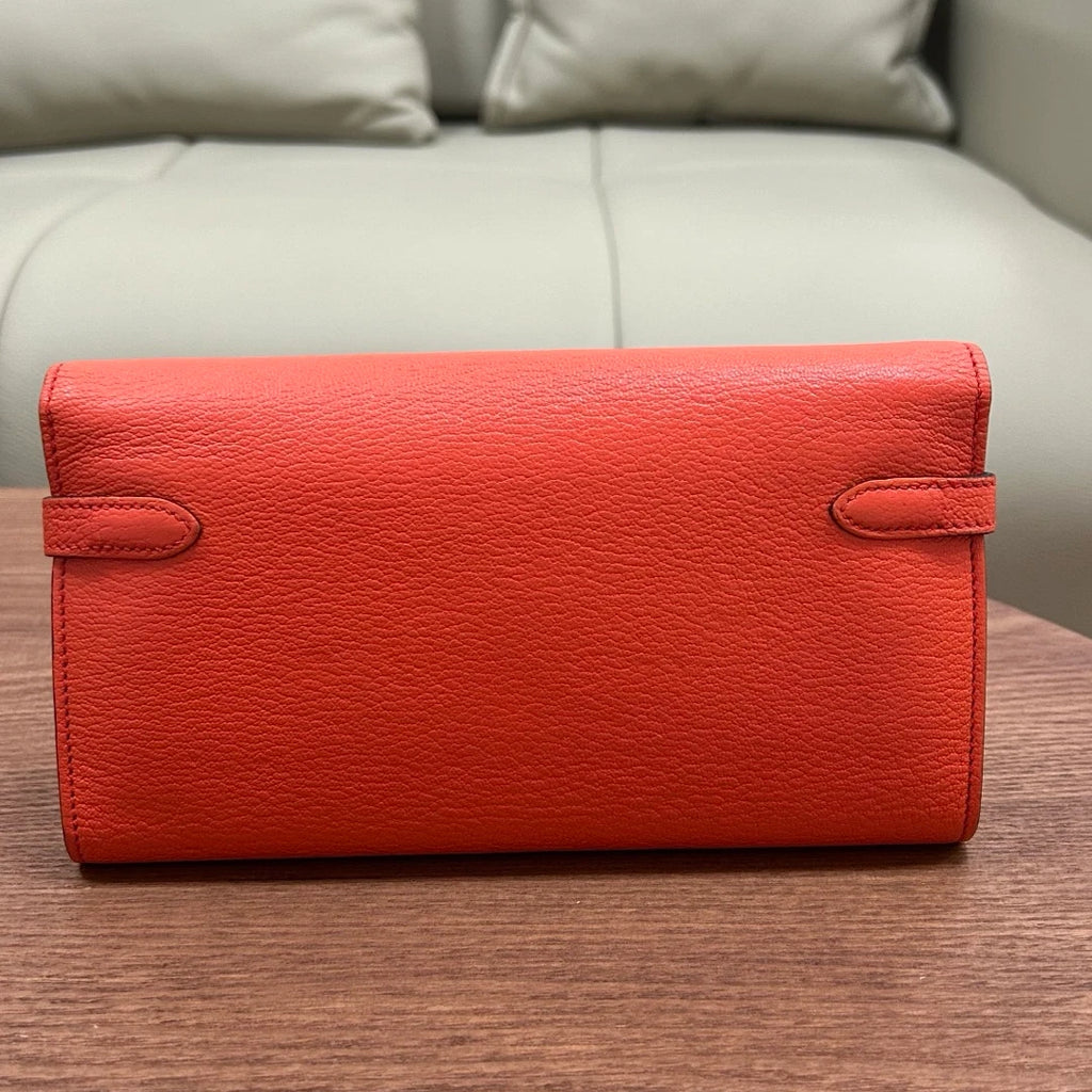 Authentic Hermes Kelly Long Wallet Goatskin Orange Gold Hardware
