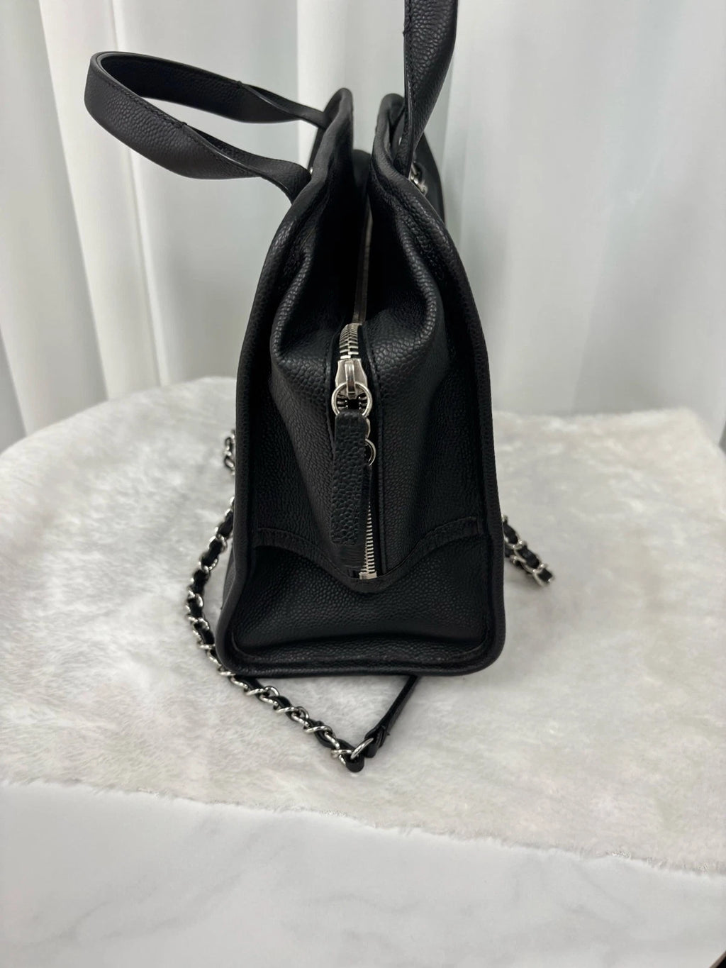 Authentic CHANEL Black Leather Big Logo Bowling Bag for Women