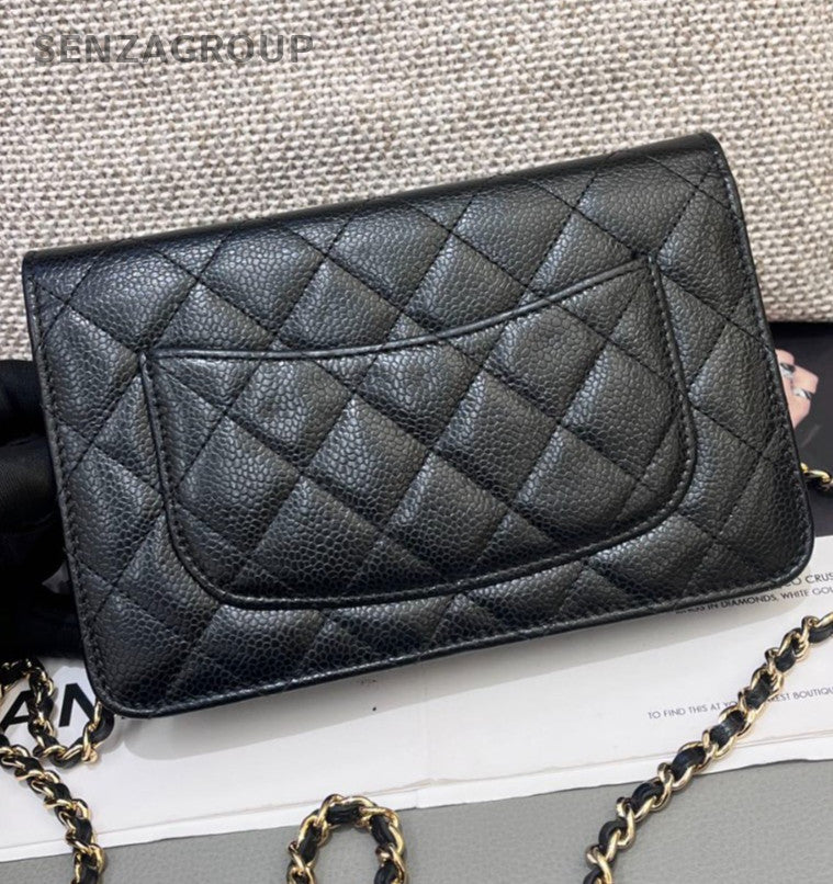 Chanel WOC Diamond Chain Crossbody Shoulder Bag Black Gold Women Classic