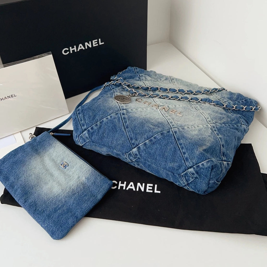 Excellent Chanel 22Bag PM Blue Denim Silver Chain Shoulder Bag Crossbody