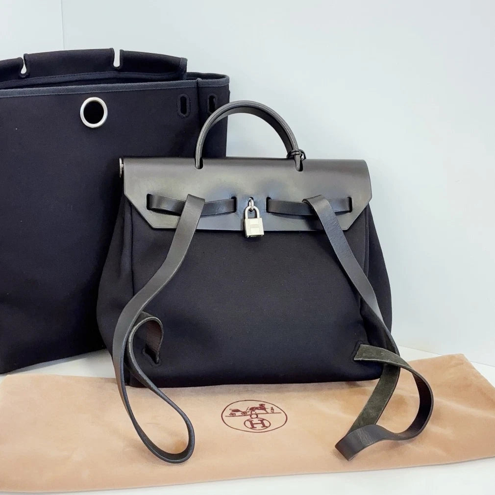 Hermes Herbag Canvas Backpack Black Silver Unisex Adults Classic