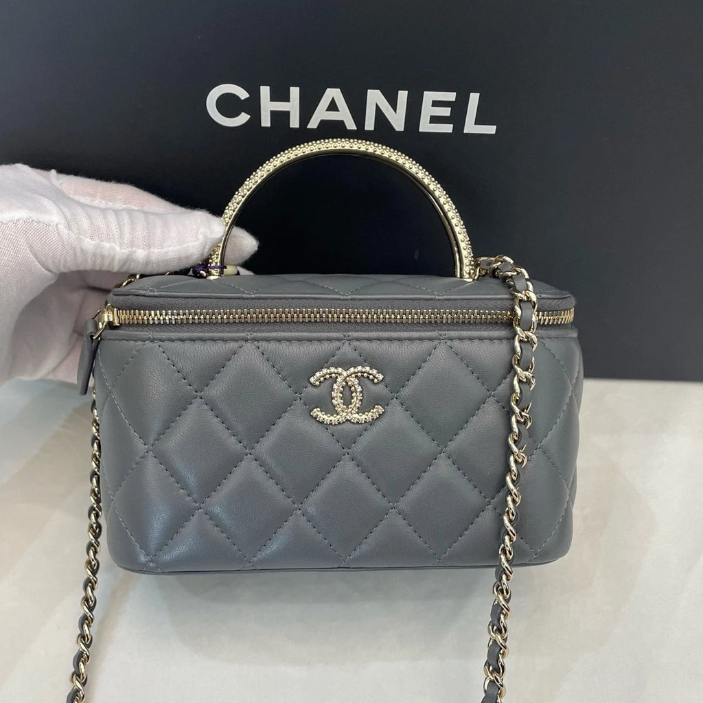 Chanel Long Box Gold Chain Gray Top Handle Crossbody Chip Version Excellent