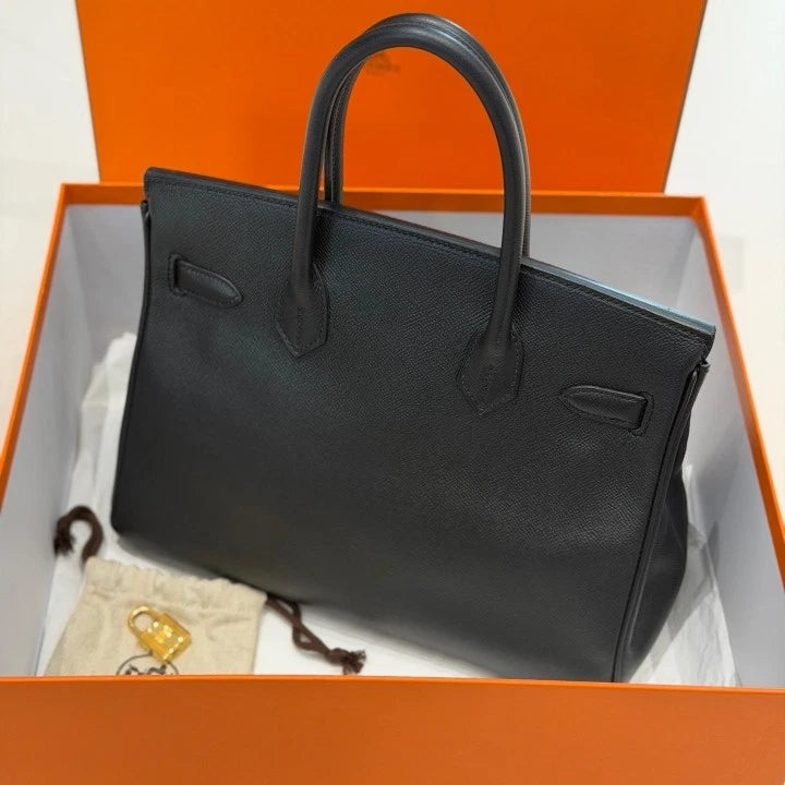 Hermes Birkin 30 Epsom Tote Top Handle Bag Black Gold Women Classic D