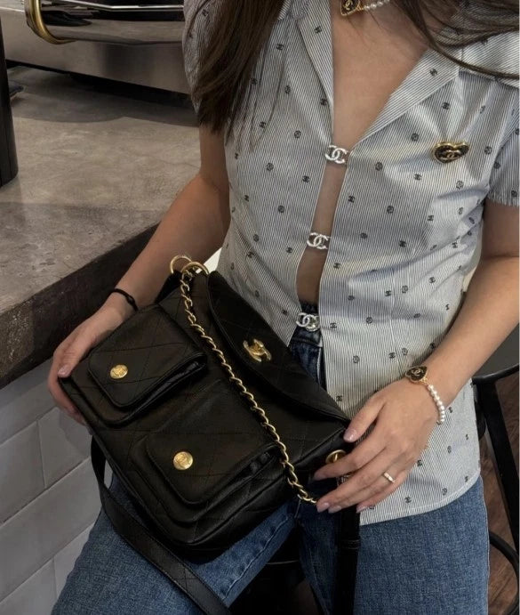 CHANEL 24P Black Calfskin Hobo Mini Messenger Bag For Women