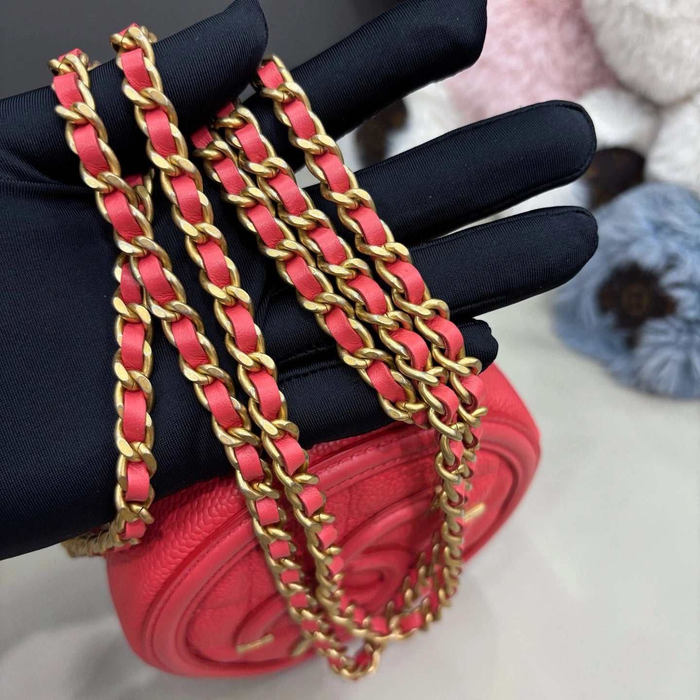 Chanel Diamond Round Bag Chain Crossbody Red Gold Women Classic