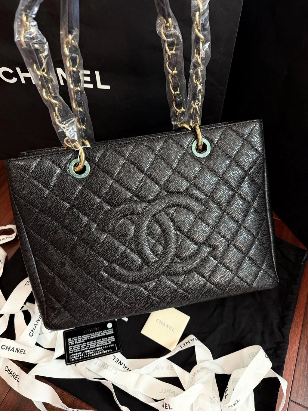Chanel GST Chain Shoulder Bag Black Gold Diamond Used Women Classic