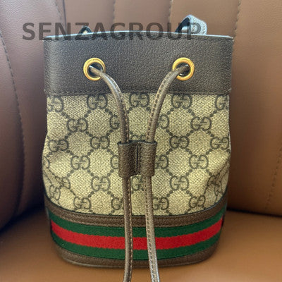 Gucci Ophidia Mini Bucket Bag Brown Gold Buckle Shoulder Crossbody