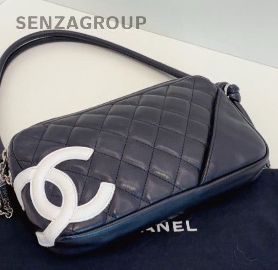 Chanel Cambon Vintage Shoulder Bag Black White Women Classic Diamond