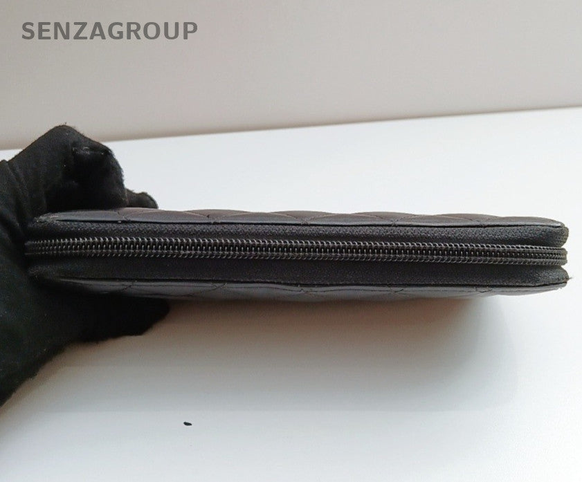 Chanel Diamond Zipping Wallet Clutch Black Silver Women Classic
