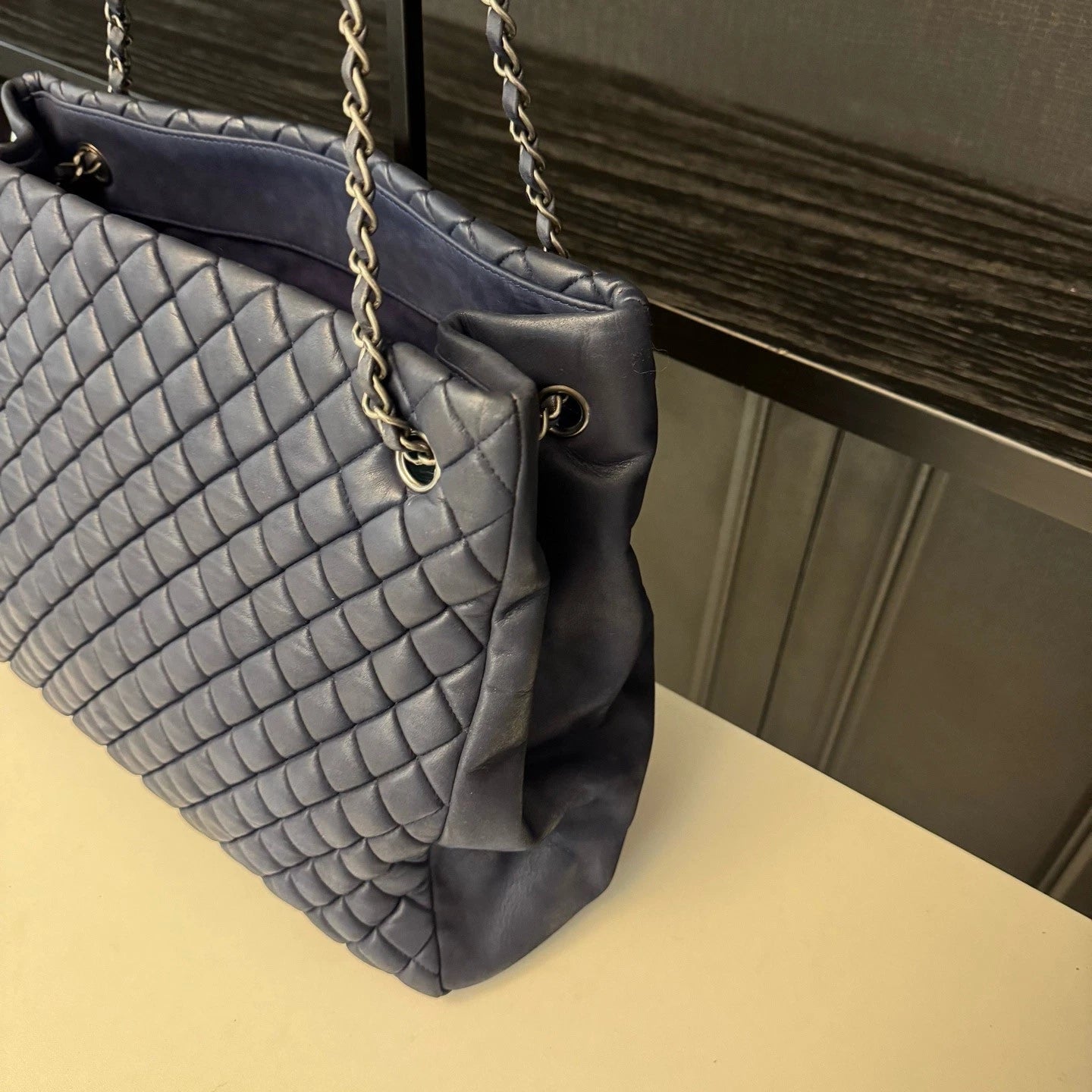 Chanel Bubble Quilt Tote Chain Shoulder Bag Blue Silver Women Diamond Classic