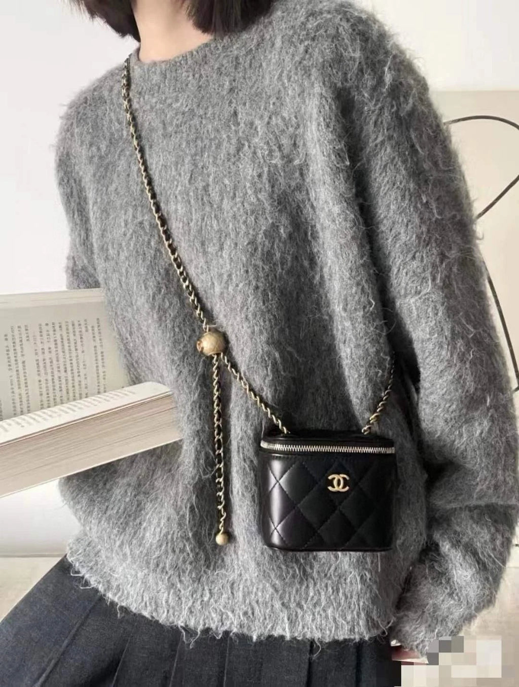 Authentic Chanel Black Vanity Case Diamond Crossbody Bag with Gold Ball Chain