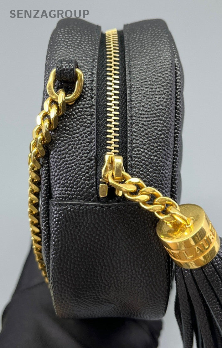 YSL Saint Laurent Tassel Caviar Leather Shoulder Camera Bag Black Women