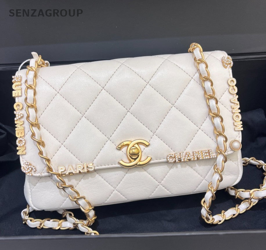 Chanel Chain Diamond Shoulder Bag Crossbody White Gold Diamond Women Classic