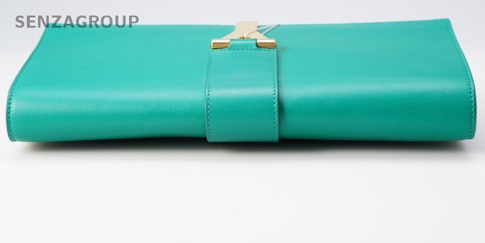 Saint Laurent Calfskin Clutch Green Gold Used Women Classic Designer