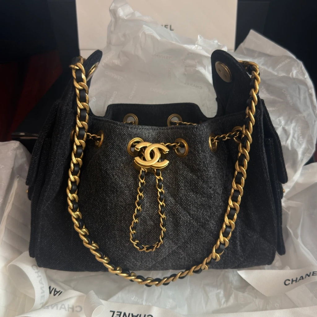 New Chanel 25Bag Mini Black Denim Gold Chain Shoulder Bag Diamond with Dust Bag