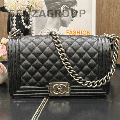 Chanel Le Boy Black Silver Medium Quilted Chain Shoulder Bag Classic