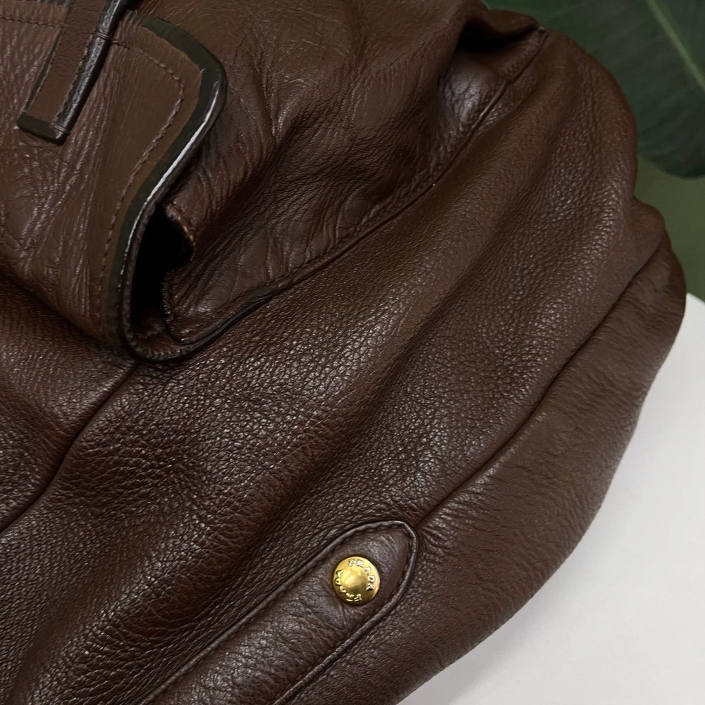 Prada Cervo Shine Hobo Tote Top Handle Bag Shoulder Bag Brown Women