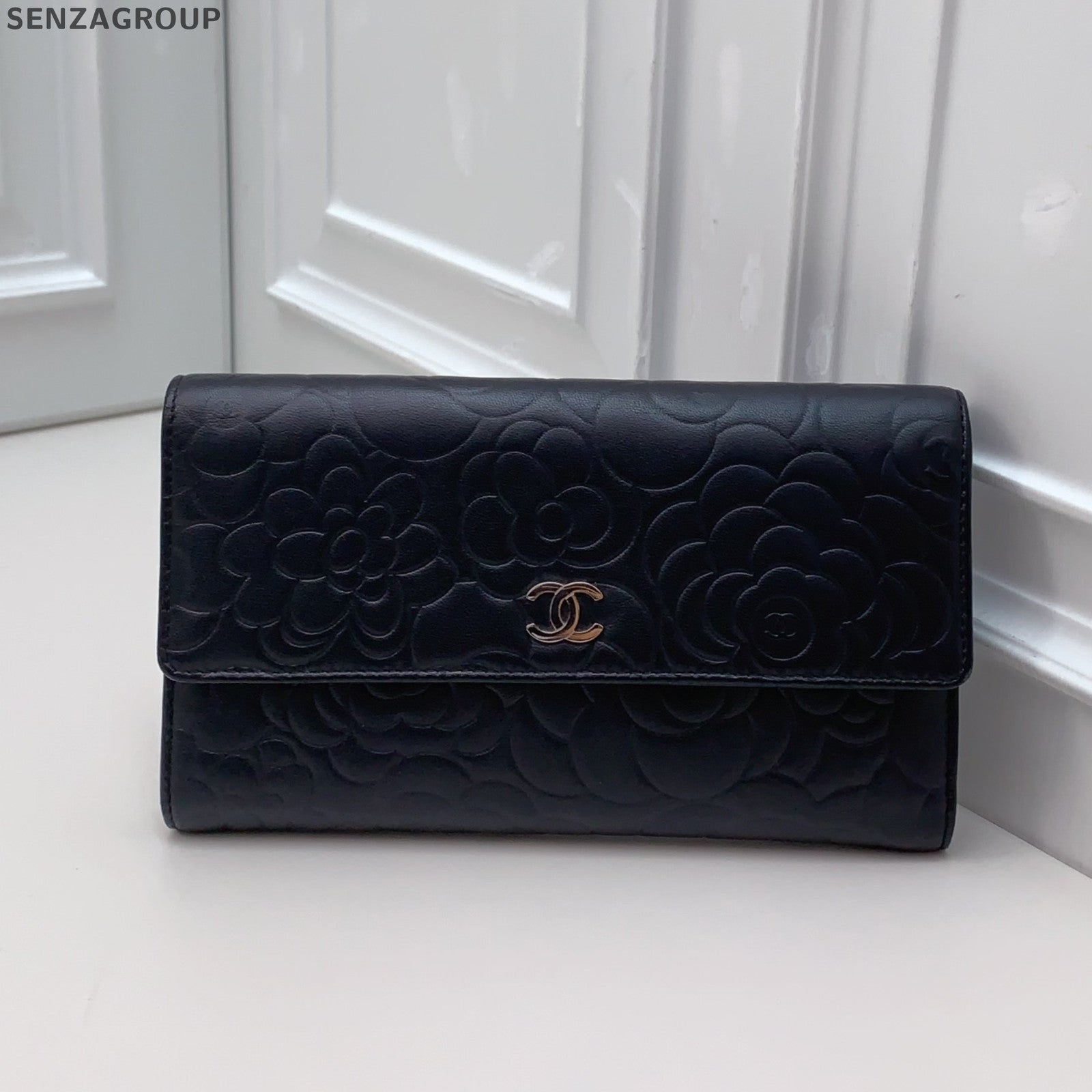 Chanel Camellia Print Black Silver Wallet Clutch Women's Classic