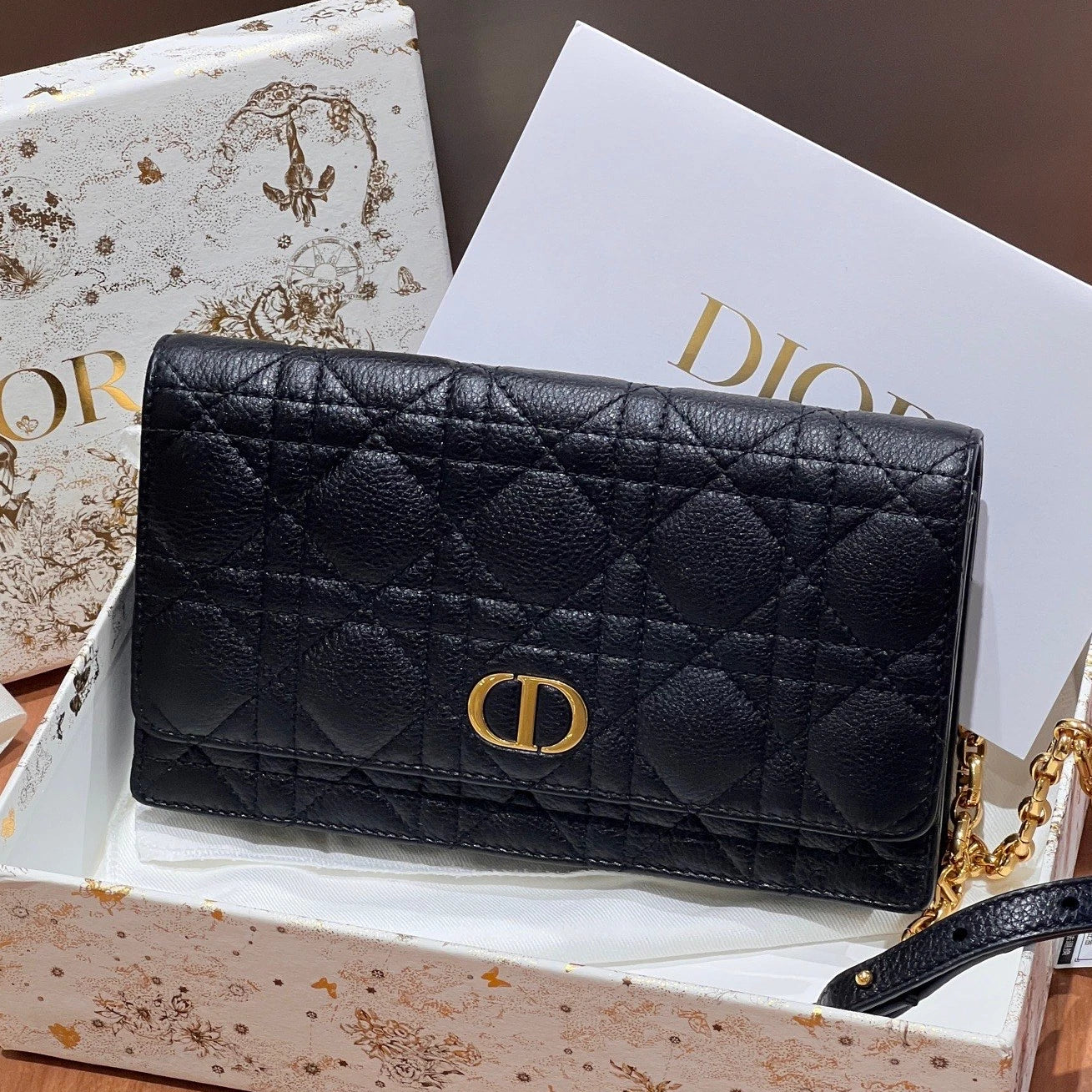 Excellent Christian Dior Caro Calfskin Long Black Wallet Chain Shoulder Bag GHW