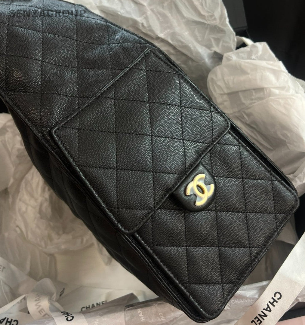 Chanel 25 Calfskin MM Chain Shoulder Bag Black Gold Used Women Classic Designer