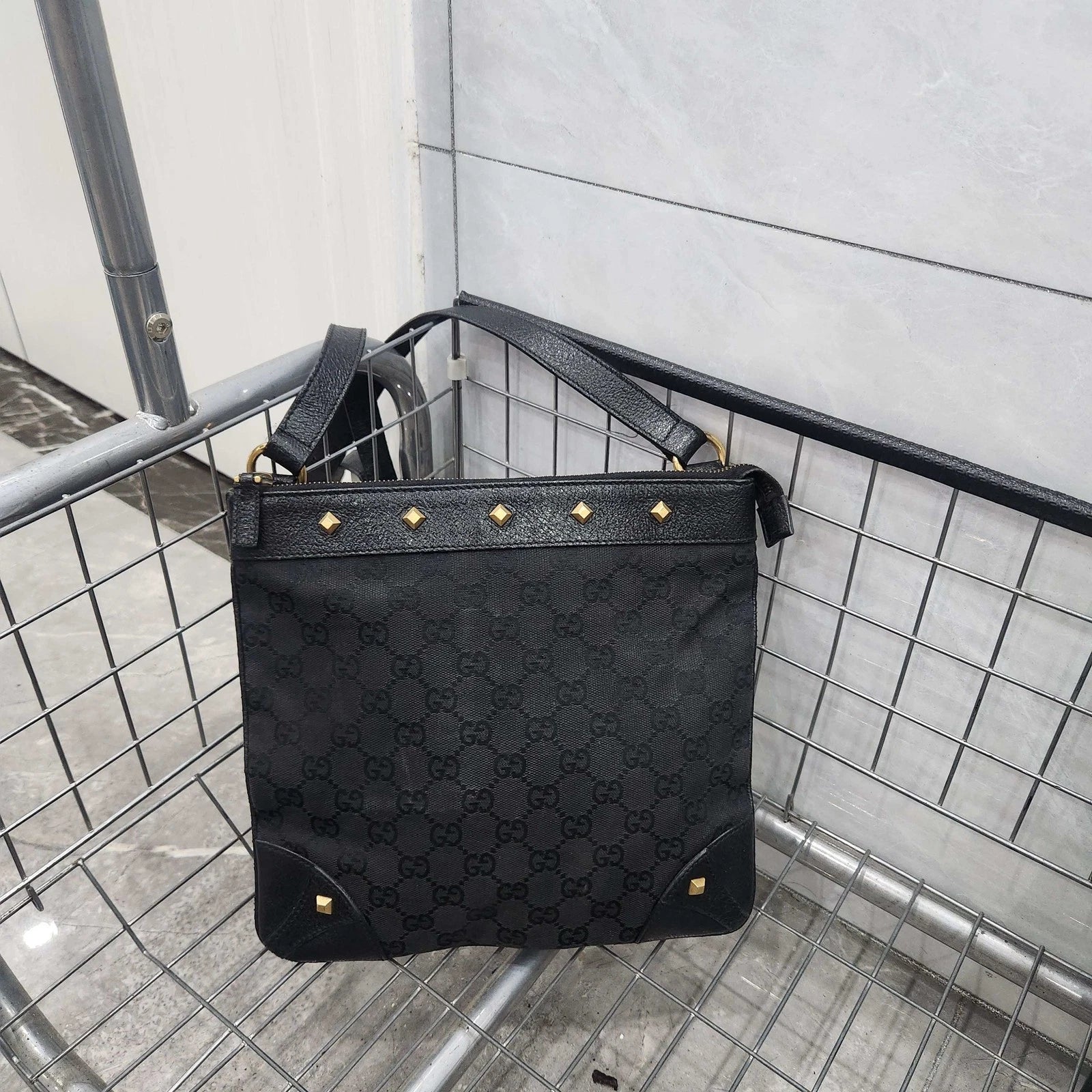 GUCCI Black Canvas Monogram Rivet Shoulder Crossbody Women