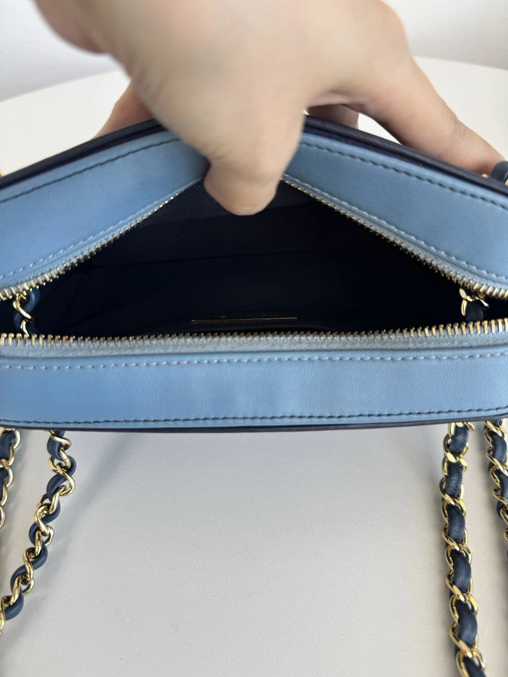 Chanel Diamond Camera Bag Double Chain Blue Shoulder Bag Gold Hardware