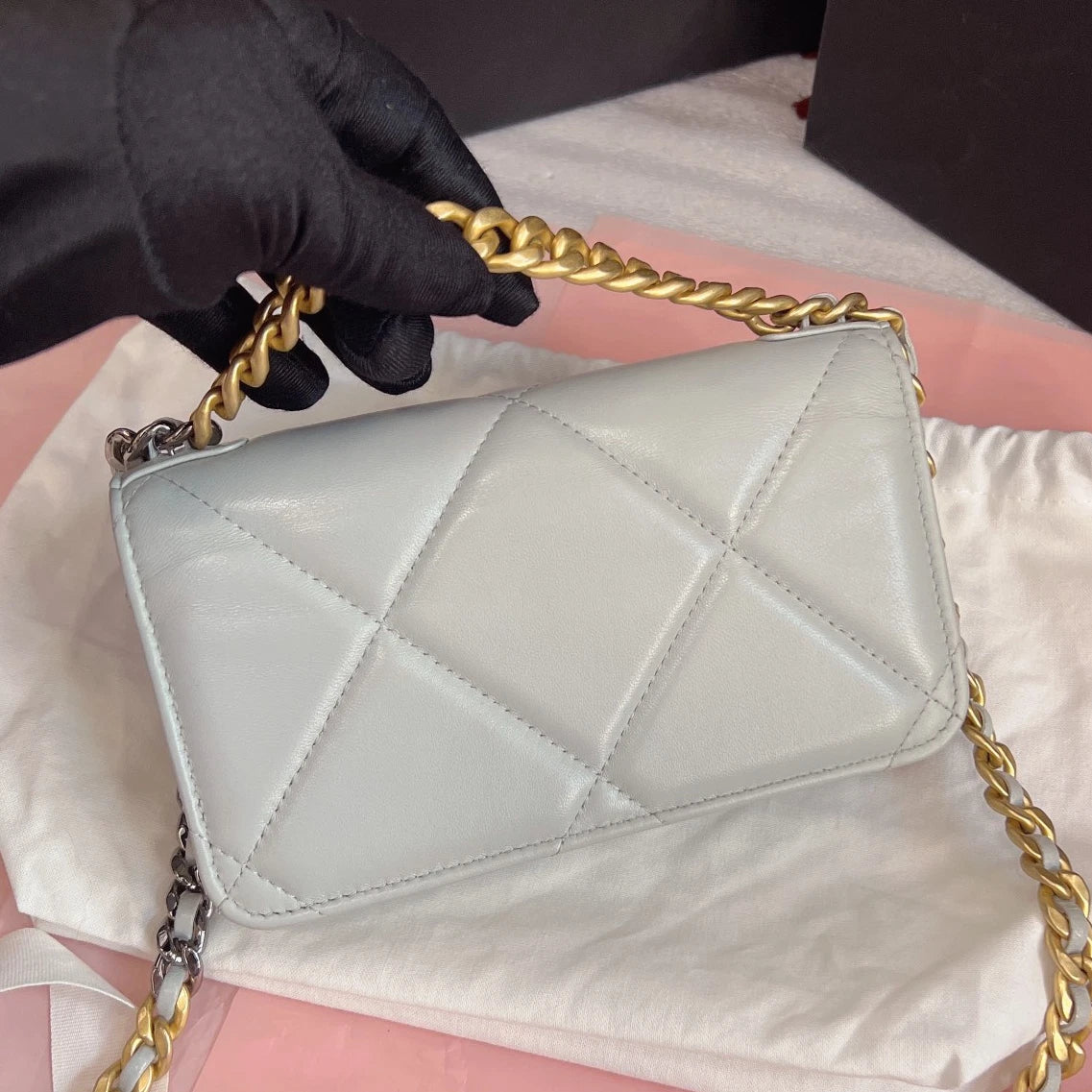 Chanel 19Bag WOC Mini Chain Top Handle Crossbody Gray Gold Used Women Classic