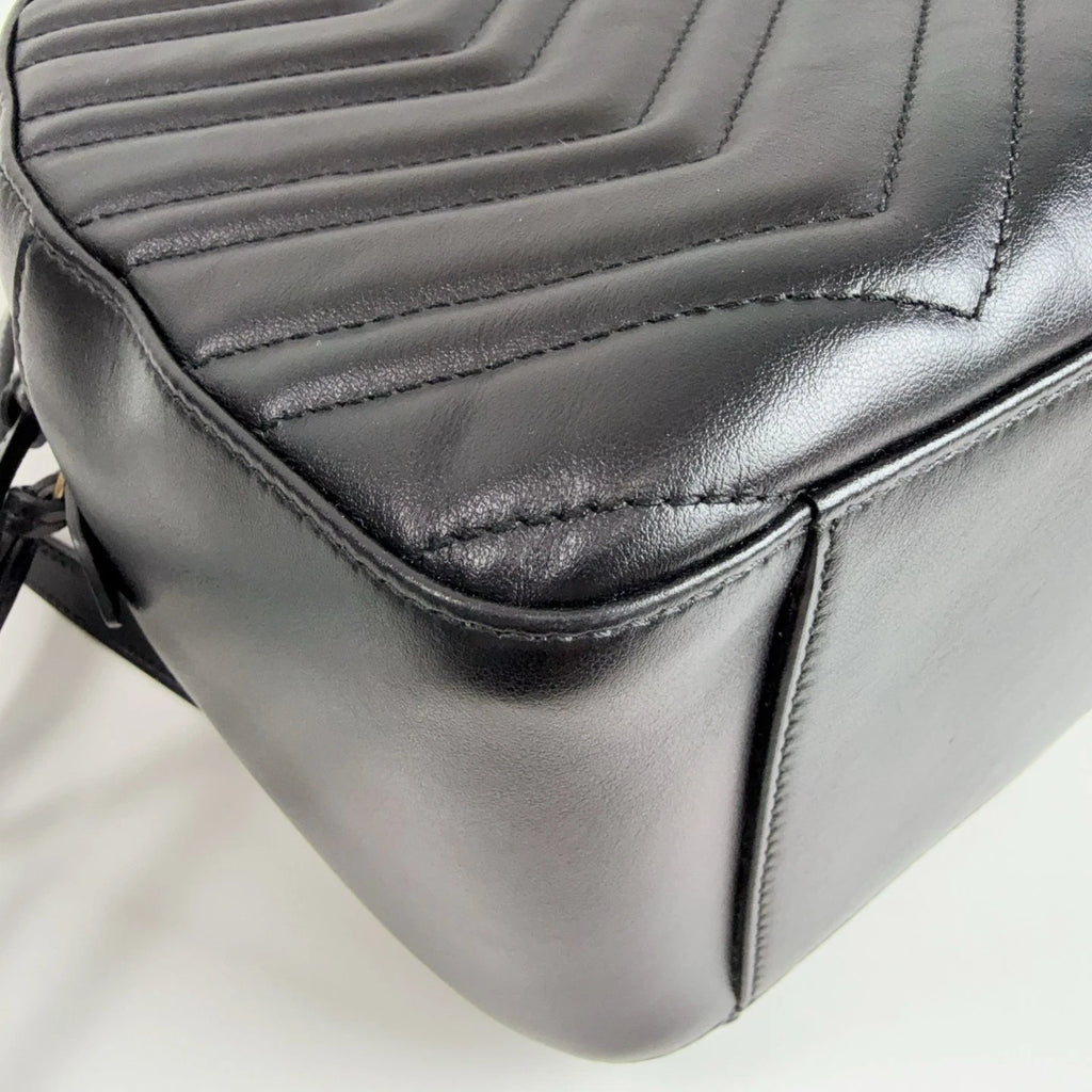 GUCCI Marmont Double G Black Gold Leather Backpack Handbag For Women