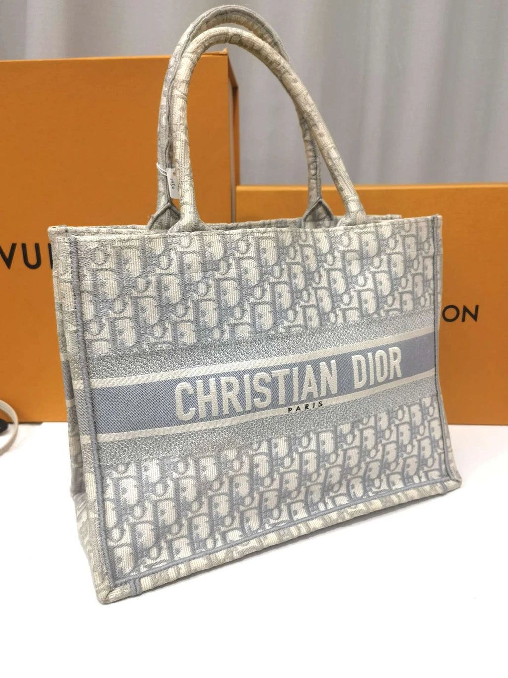 Dior Canvas Book Tote Gray Top Handle Bag For Women