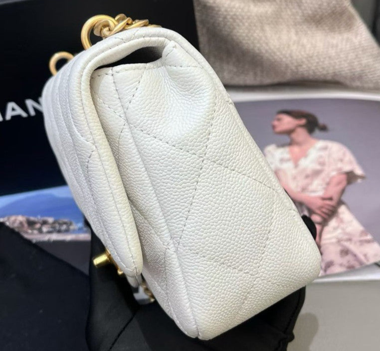 Chanel Classic Flap Calfskin Chain Shoulder Bag Crossbody White Gold Women