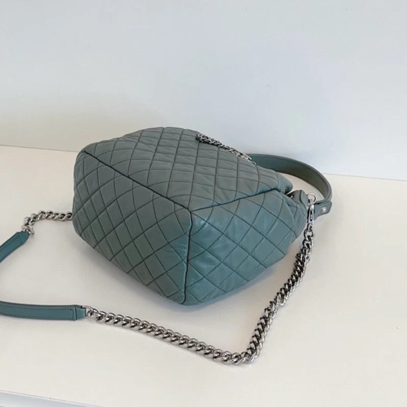 Chanel Diamond Drawstring Bucket Top Handle Shoulder Bag Green Silver Women