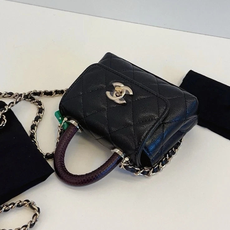 New Chanel Coco Handle Nano Calfskin Top Handle Chain Crossbody Black GHW